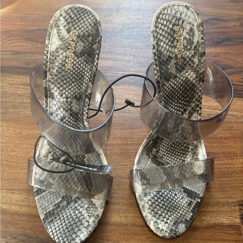 Express Snakeskin and Clear Strap Sandals
